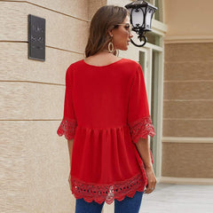Fashion Pure V neck Lace Hollow out Half sleeve Blouses
