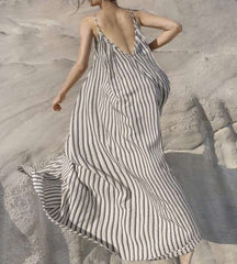 Casual Loose Stripe V neck Sleeveless Vest Maxi Dresses