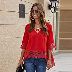 Fashion Pure V neck Lace Hollow out Half sleeve Blouses