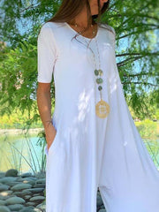 White Crew Neck Short Sleeve Shift One-Pieces