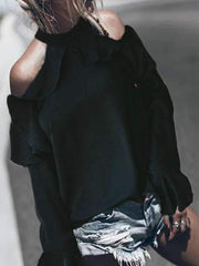 Band Collar Flounce Plain Blouses