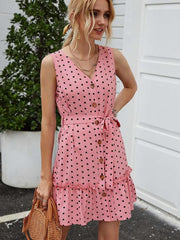 Fashion Point print V neck Sleeveless Lacing Falbala Skater Dresses