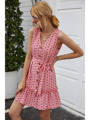 Fashion Point print V neck Sleeveless Lacing Falbala Skater Dresses