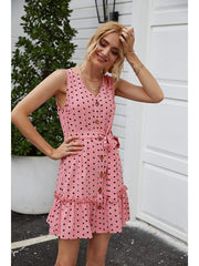 Fashion Point print V neck Sleeveless Lacing Falbala Skater Dresses