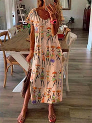 Fashion Print Round neck Short sleeve Maxi Dresses