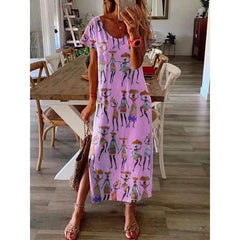 Fashion Print Round neck Short sleeve Maxi Dresses