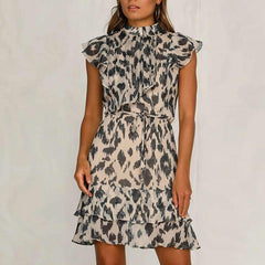 Fashion Leopard print Lacing Falbala Skater Dresses