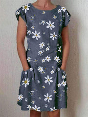 Fashion Print Round neck Short sleeve Pocket Shift Dresses