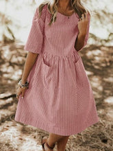 Round Neck Striped Pocket Loose Casual Dress