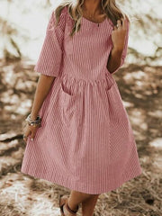 Round Neck Striped Pocket Loose Casual Dress