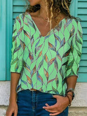 Elegant v neck leaf printed women long sleeve T-shirts