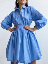 V-neck lantern sleeve temperament retro waist slim design skater dresses