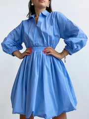 V-neck lantern sleeve temperament retro waist slim design skater dresses