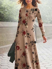 Round neck Long-sleeved Floral Maxi Dresses