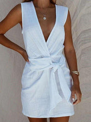 Fashion Casual Pure V neck Sleeveless Lacing Shift Dresses