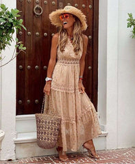 Sexy V neck Sleeveless Lace Gored Maxi Dresses