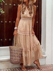 Sexy V neck Sleeveless Lace Gored Maxi Dresses