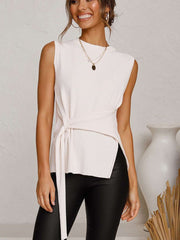 Fashion Pure Round neck Sleeveless Lacing T-Shirts