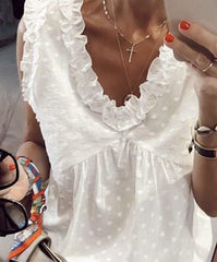 Fashion Point print Stringy selvedge Sleeveless V neck Blouses