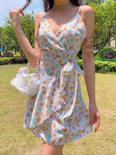 Casual Print V neck Sleeveless Vest Lacing Shift Dresses