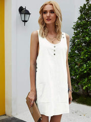 Fashion Casual Pure Round neck Sleeveless Fastener Shift Dresses