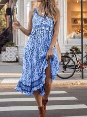 Casual Floral print Round neck Sleeveless Vest Falbala Maxi Dresses