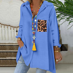 Casual Loose Lapel Gored Leopard print Pocket Long sleeve Blouses