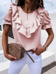Fashion Pure Falbala Short sleeve Round neck Blouses