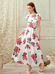 Fashion Print Round neck Falbala Maxi Dresses Suit