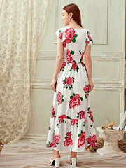 Fashion Print Round neck Falbala Maxi Dresses Suit