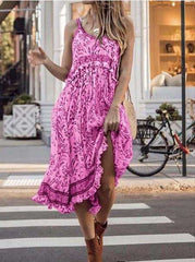 Casual Floral print Round neck Sleeveless Vest Falbala Maxi Dresses