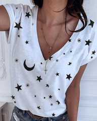 Casual Printed Short Sleeve V Neck Tops