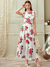Fashion Print Round neck Falbala Maxi Dresses Suit