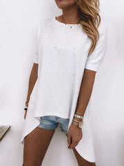 Fashion Pure Beading Round neck Short sleeve Irregular T-Shirts