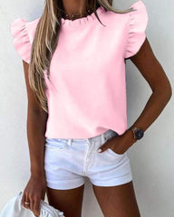 Fashion Pure Round neck Falbala Short sleeve Blouses