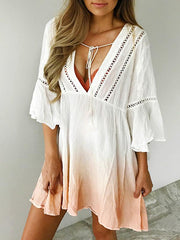 Deep V collar cut-out gradient printed flared sleeve shift mini dresses