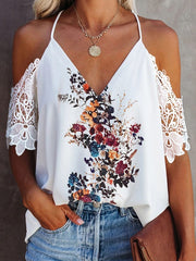 Chic women v neck off shoulder chiffon floral Blouses