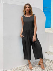 Casual Loose Pure Round neck Sleeveless Backless Jumpsuits