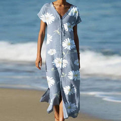 Casual Print V neck Short sleeve Single-breasted Maxi Dresses