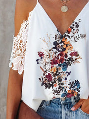 Chic women v neck off shoulder chiffon floral Blouses