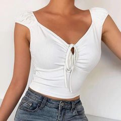 Fashion Pure V neck Short sleeve Lacing T-Shirts