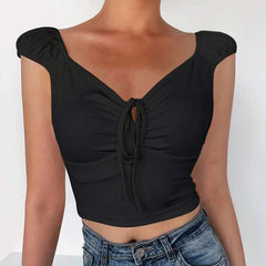 Fashion Pure V neck Short sleeve Lacing T-Shirts