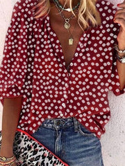 Women v neck button printed wave pot blouses