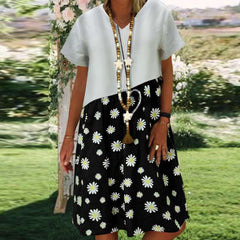 Casual Loose Print Gored Short sleeve V neck Shift Dresses