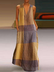 Casual Loose Plaid V neck Sleeveless Maxi Dresses