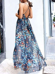 Sexy Print V neck Vest Backless Skater Maxi Dresses