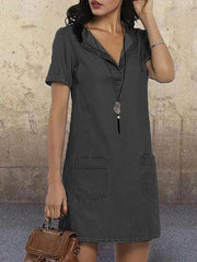 Blue Denim Short Sleeve Casual Pockets Solid Dresses