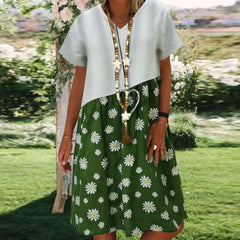 Casual Loose Print Gored Short sleeve V neck Shift Dresses