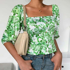 Fashion Print Square collar Half sleeve Blouses