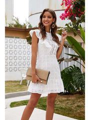 Fashion Pure Round neck Hollow out Falbala Shift Dresses